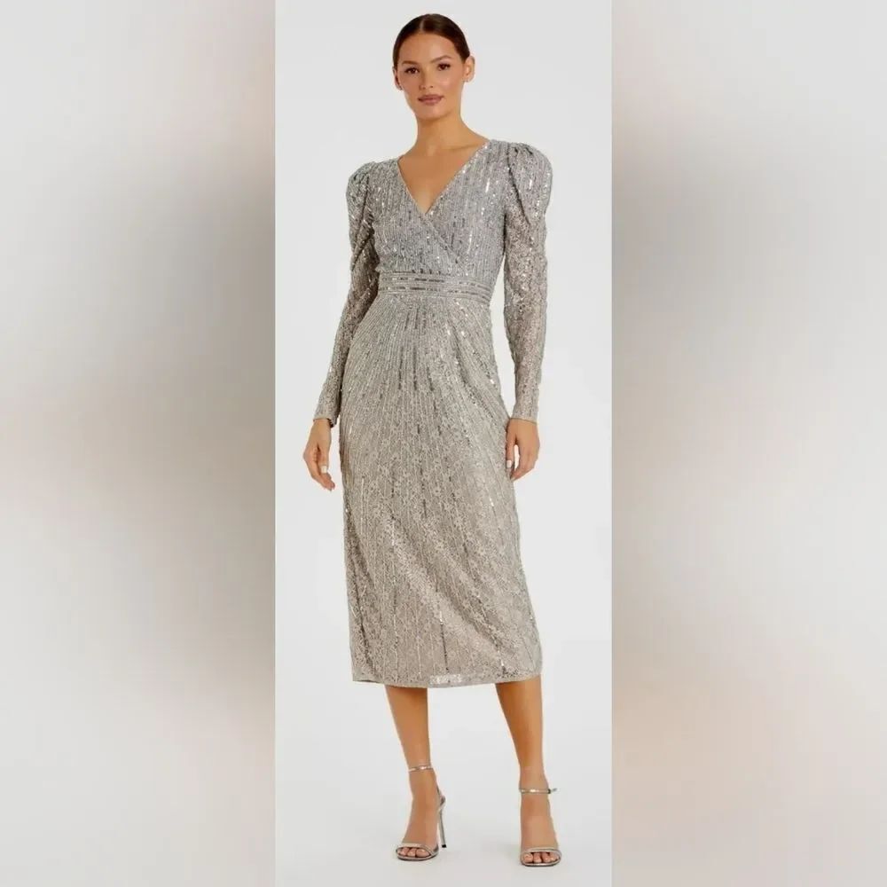 Mac Duggal 93676 Beaded Lace Long Sleeve Midi Dress NWT Size 6 Taupe